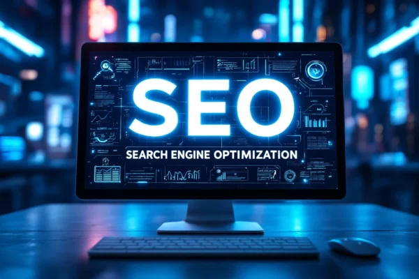 Egy számítógép képernyője, amelyen az SEO és a keresőoptimalizálás szövege látható.