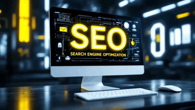 Egy számítógép képernyőjén az SEO és a keresőoptimalizálás felirata látható.