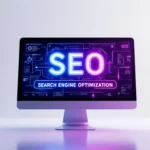 Egy számítógép képernyőjén a SEO és a keresőoptimalizálás felirat látható.