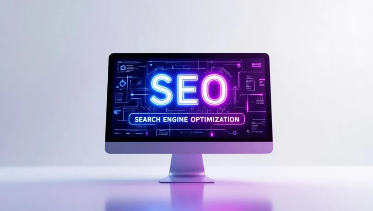 Egy számítógép képernyőjén a SEO és a keresőoptimalizálás felirat látható.