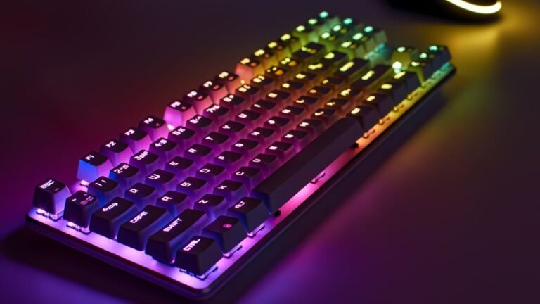Színes háttérvilágítással rendelkező mechanikus billentyűzet, modern dizájnnal.