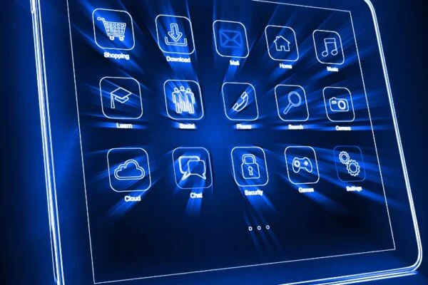 Egy tablet képernyője, különböző alkalmazásikonokkal, mint például zene és biztonság.