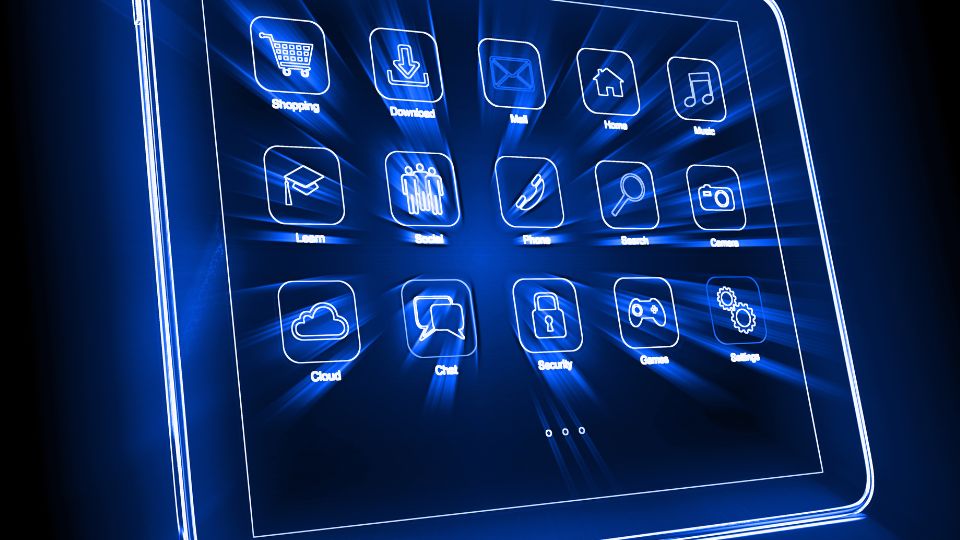 Egy tablet képernyője, különböző alkalmazásikonokkal, mint például zene és biztonság.