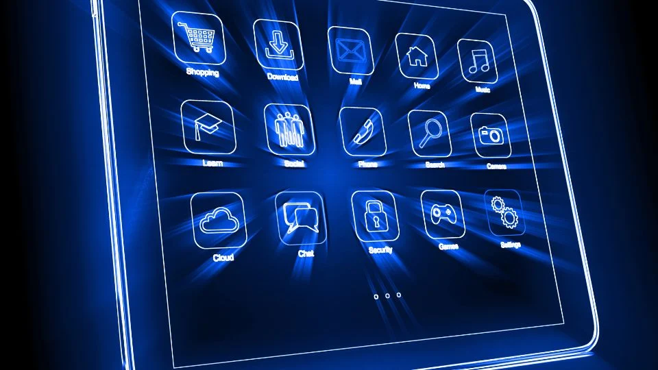 Egy tablet képernyője, különböző alkalmazásikonokkal, mint például zene és biztonság.