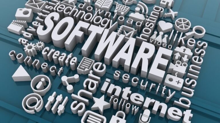 A szoftver világát bemutató szavak és ikonok, amelyek az IT területét jelképezik.