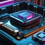 Modern processzor egy alaplapon, LED világítással és hűtőbordával.