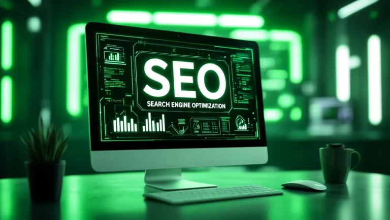 Egy számítógép képernyőjén az SEO és keresőoptimalizálás grafikai elemei láthatók.