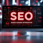 Egy számítógép képernyőjén a SEO és a keresőoptimalizálás felirata látható.