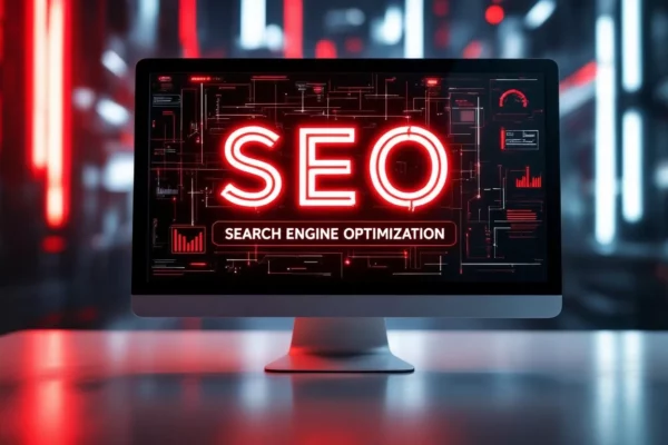 Egy számítógép képernyőjén a SEO és a keresőoptimalizálás felirata látható.