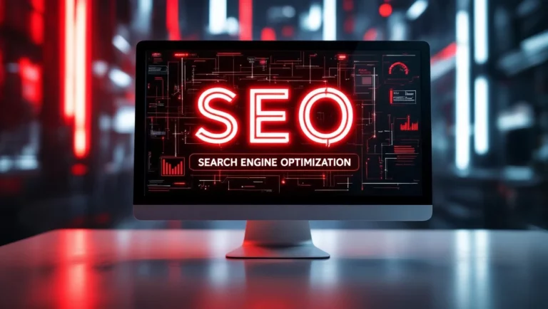 Egy számítógép képernyőjén a SEO és a keresőoptimalizálás felirata látható.