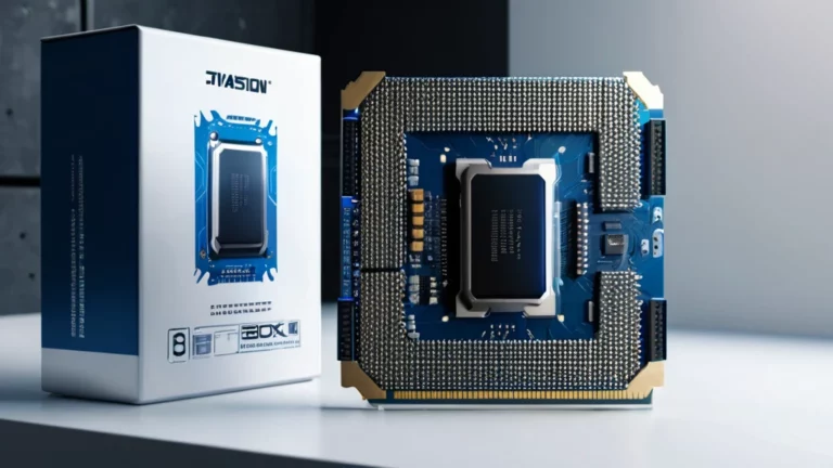 Egy modern processzor látható, mellette a gyártó doboza.