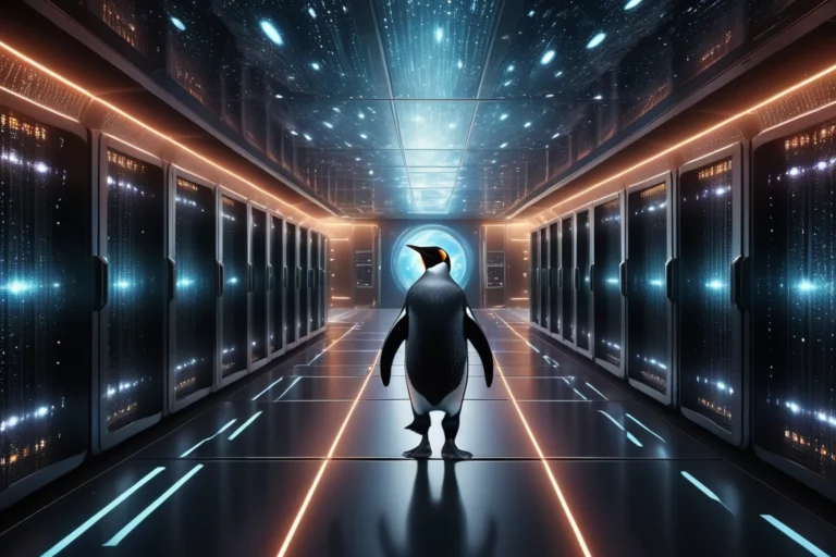 Egy pingvin áll egy modern adatközpontban, körülötte szerverek és fények.