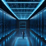 Egy modern adatközpont belső tere, kék fényekkel és Linux pingvinnel.