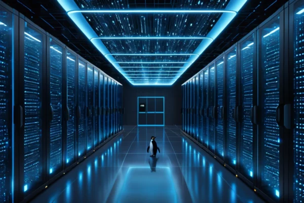 Egy modern adatközpont belső tere, kék fényekkel és Linux pingvinnel.