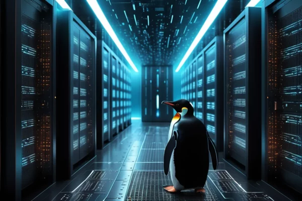 Hogyan működik a Linux fájlrendszer? Egy pingvin áll egy modern adatközpontban, körülötte szerverek.