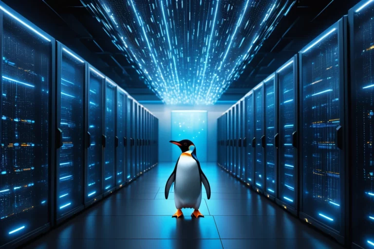 Egy pingvin áll egy modern adatközpontban, háttérben szerverekkel és fényekkel.