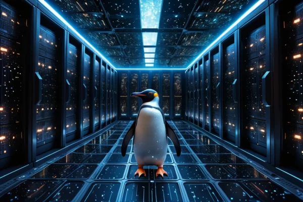 Hogyan titkosítsd a Linux fájljaidat? Egy pingvin áll egy futurisztikus adatközpontban, amely tele van szerverekkel.
