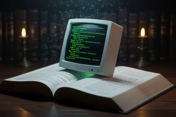 Egy régi monitor, amely kódot mutat, egy nyitott könyvön áll.