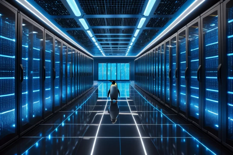 Egy pingvin sétál egy modern adatközpont folyosóján, tele szerverekkel.