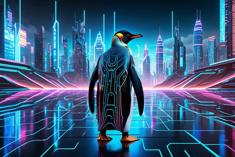 Egy futurisztikus pingvin áll egy neonfényes város háttér előtt, technológiai motívumokkal.