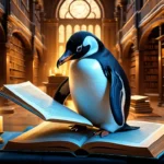 Egy pingvin olvas egy könyvet egy könyvtárban, ami a Linux világát idézi.