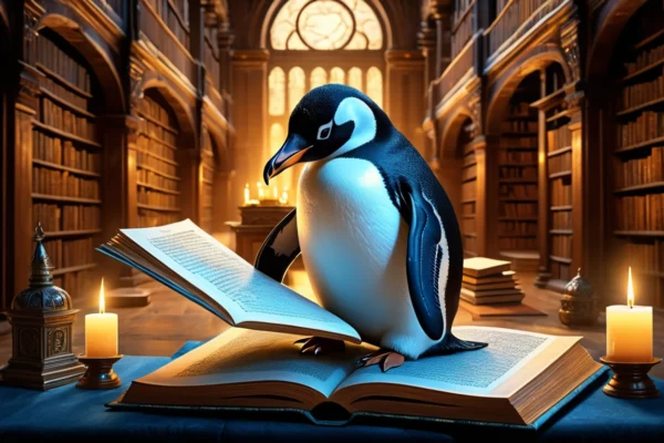Egy pingvin olvas egy könyvet egy könyvtárban, ami a Linux világát idézi.