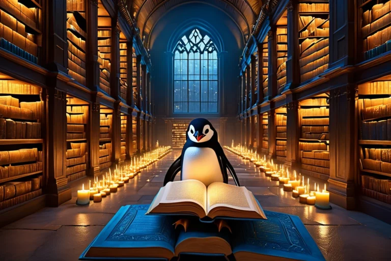Egy pingvin egy nyitott könyv mellett ül egy könyvtárban, gyertyafényben.