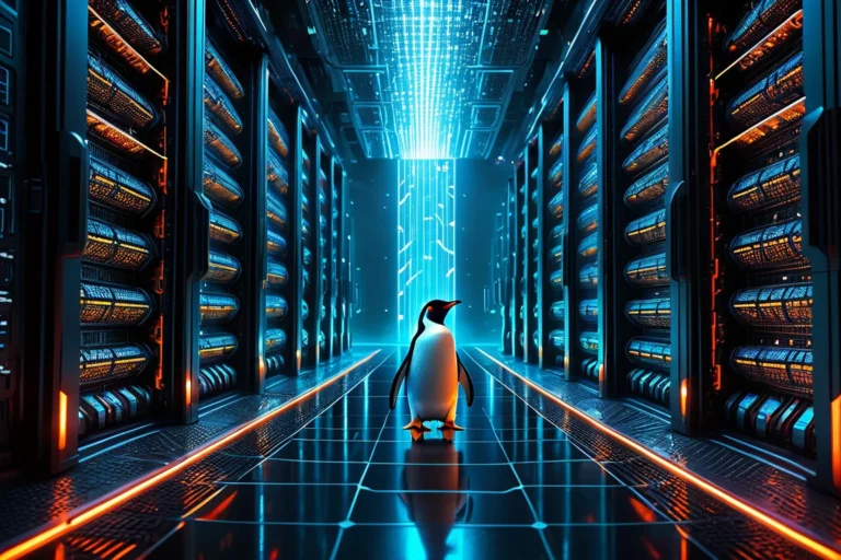 Egy pingvin áll egy modern adatközpontban, körülötte szerverek és fények.