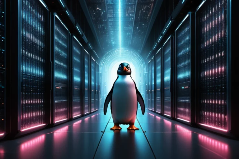 Egy pingvin áll egy modern adatközpont folyosóján, háttérben szerverekkel.