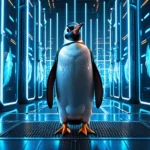 Egy pingvin áll egy futurisztikus adatközpontban, kék fények között.