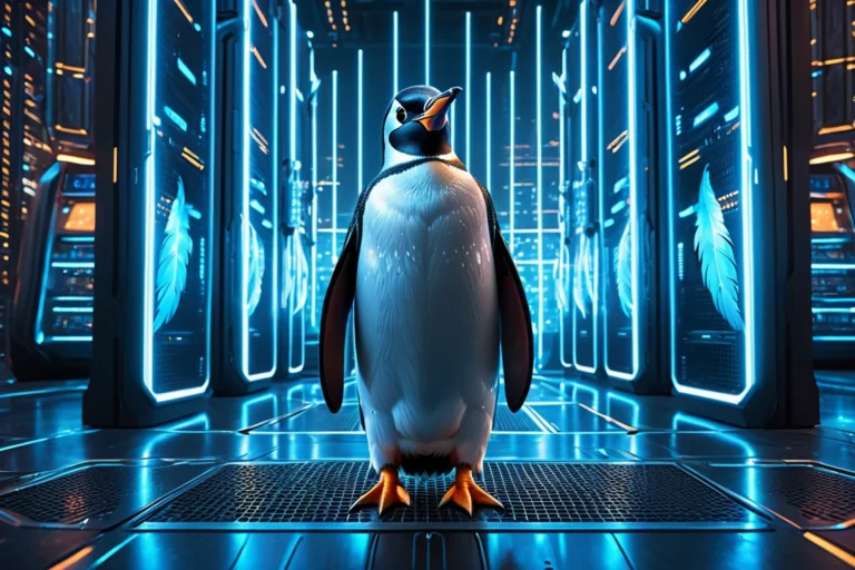 Egy pingvin áll egy futurisztikus adatközpontban, kék fények között.