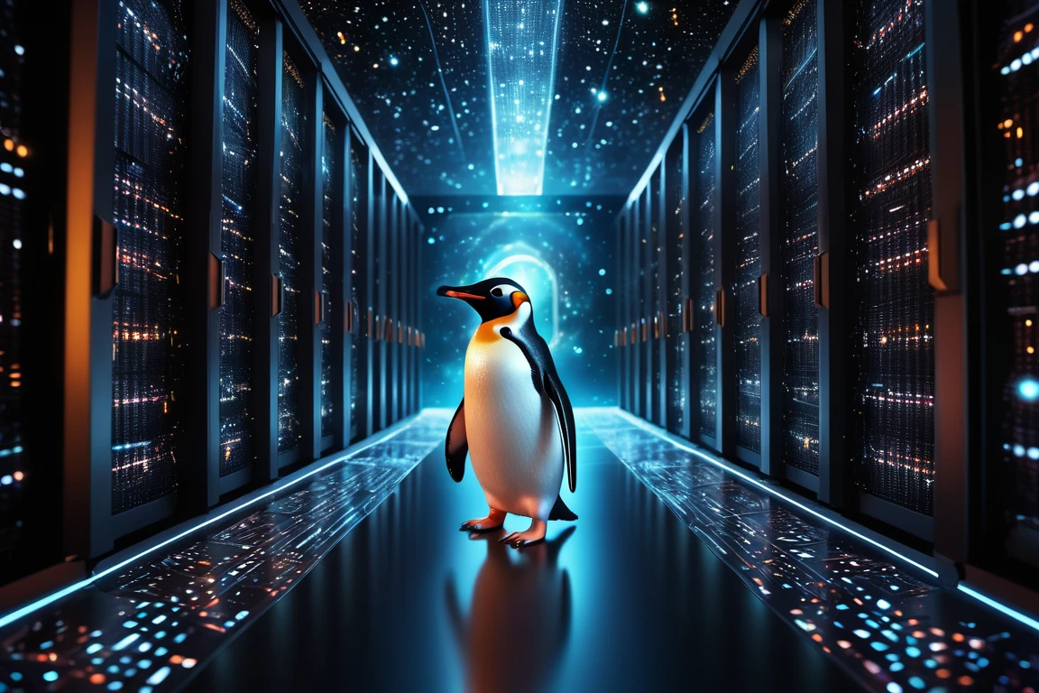Egy pingvin áll egy futurisztikus adatközpontban, háttérben szerverekkel.