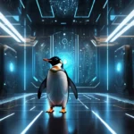 Egy pingvin áll egy futurisztikus, technológiai háttér előtt, amely a Linuxot szimbolizálja.