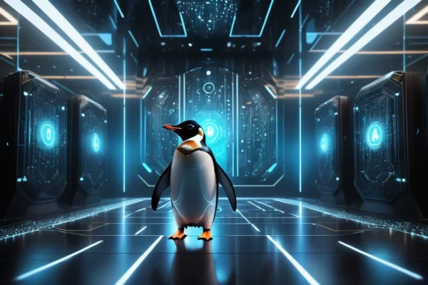 Egy pingvin áll egy futurisztikus, technológiai háttér előtt, amely a Linuxot szimbolizálja.