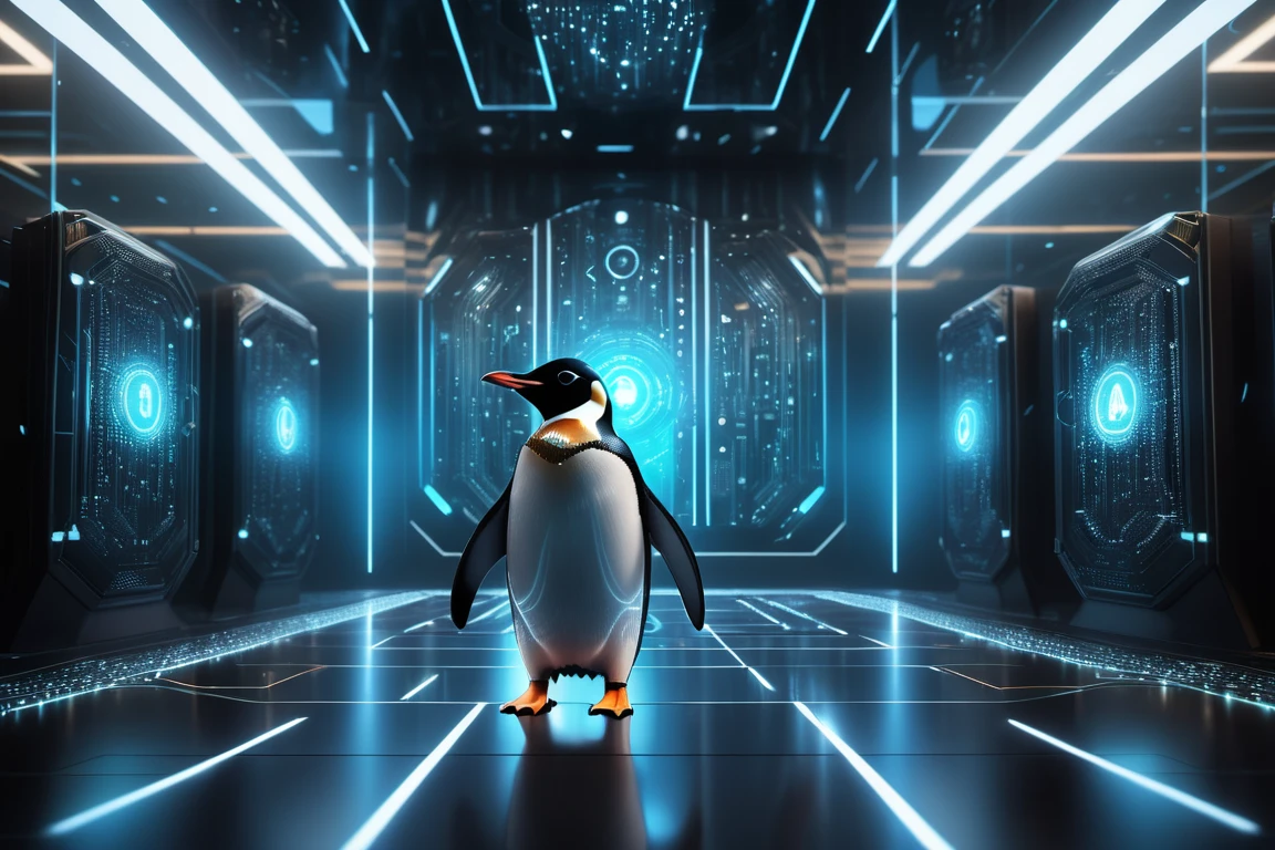 Egy pingvin áll egy futurisztikus, technológiai háttér előtt, amely a Linuxot szimbolizálja.