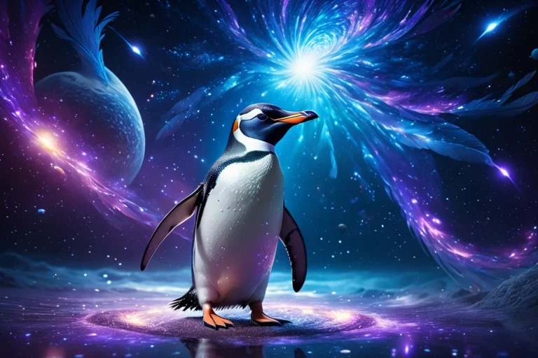 Egy pingvin áll egy színes, galaktikus háttér előtt, amely a Linux szellemiségét idézi.