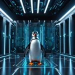 Egy pingvin áll egy modern, technológiai háttér előtt, amely Linuxra utal.