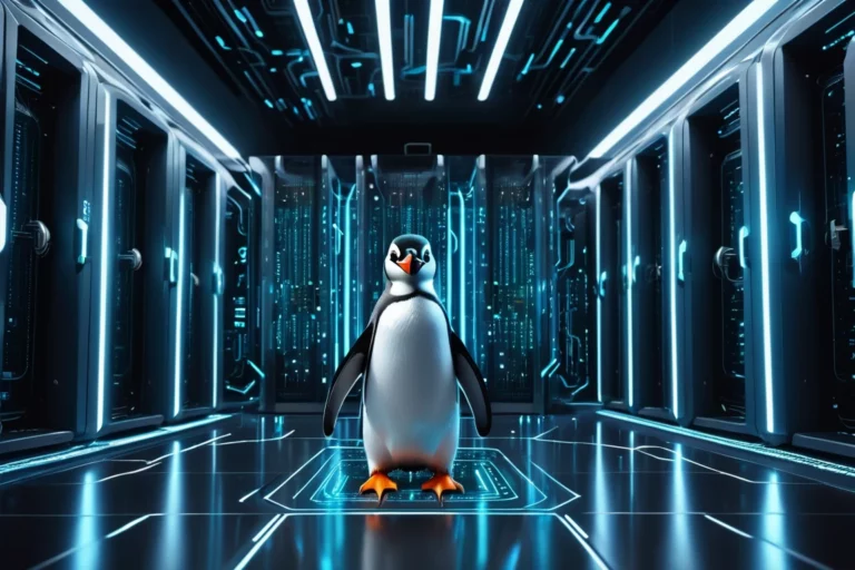 Egy pingvin áll egy modern, technológiai háttér előtt, amely Linuxra utal.