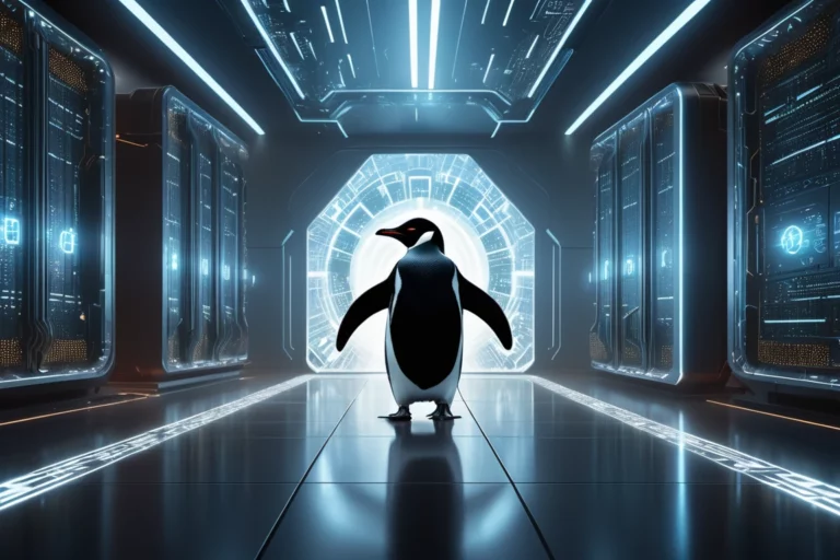 Egy pingvin áll egy futurisztikus, világító folyosón, háttérben számítógépes szerverekkel.