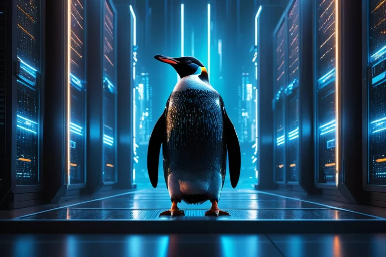 Egy pingvin áll egy modern adatközpontban, háttérben szerverekkel.