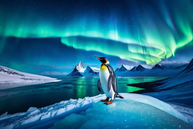 Egy pingvin áll egy jéghegyen, mögötte északi fény ragyog az égen.