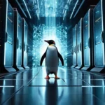 Egy pingvin áll egy futurisztikus adatközpontban, háttérben fényekkel.