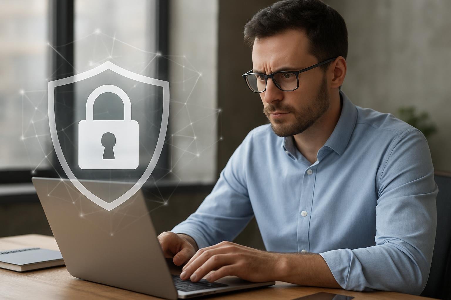 Férfi számítógépen dolgozik, háttérben védett hálózat szimbólumával.