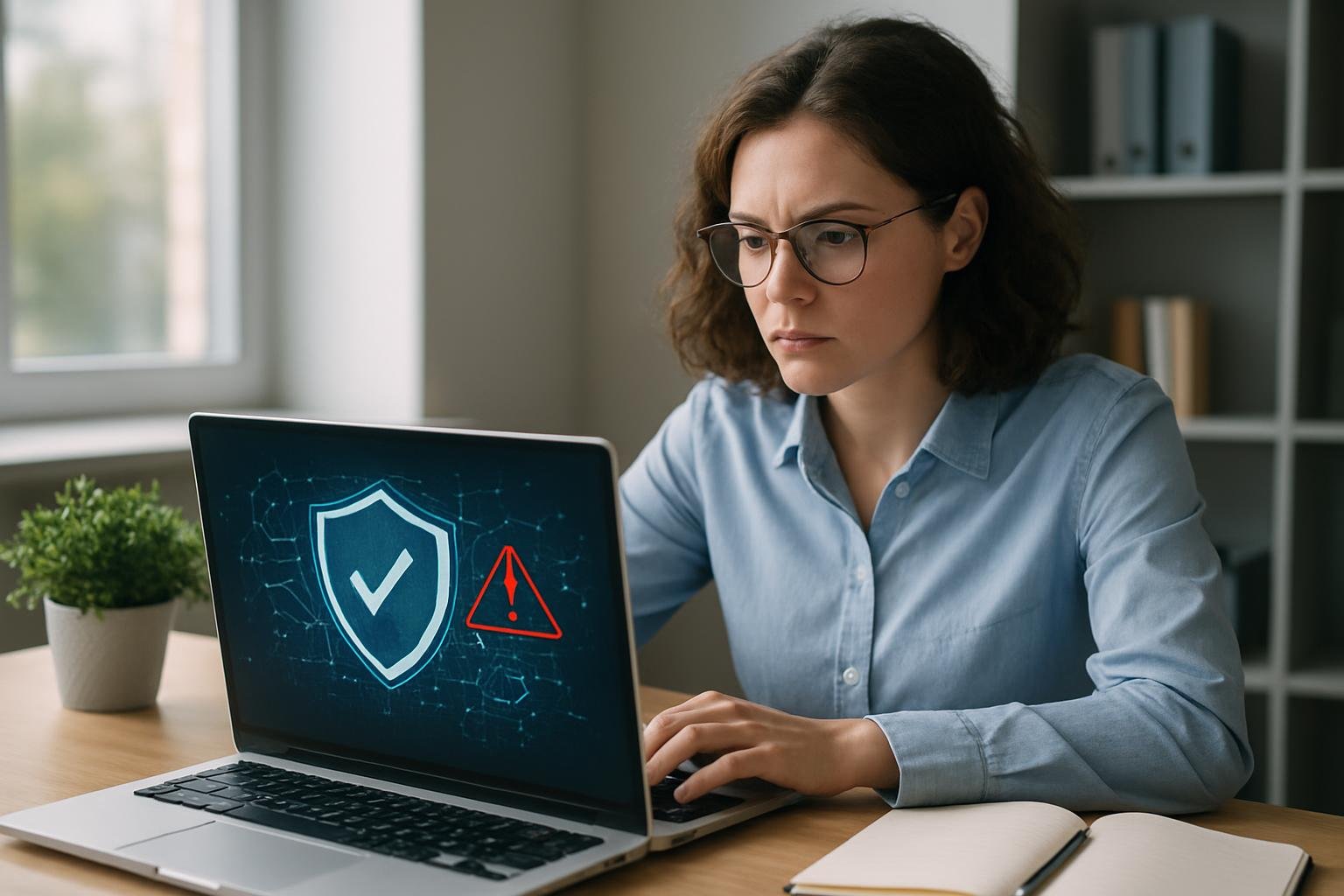 Nő figyel laptopján, amelyen védekezési jelek láthatók a dezinformáció ellen.