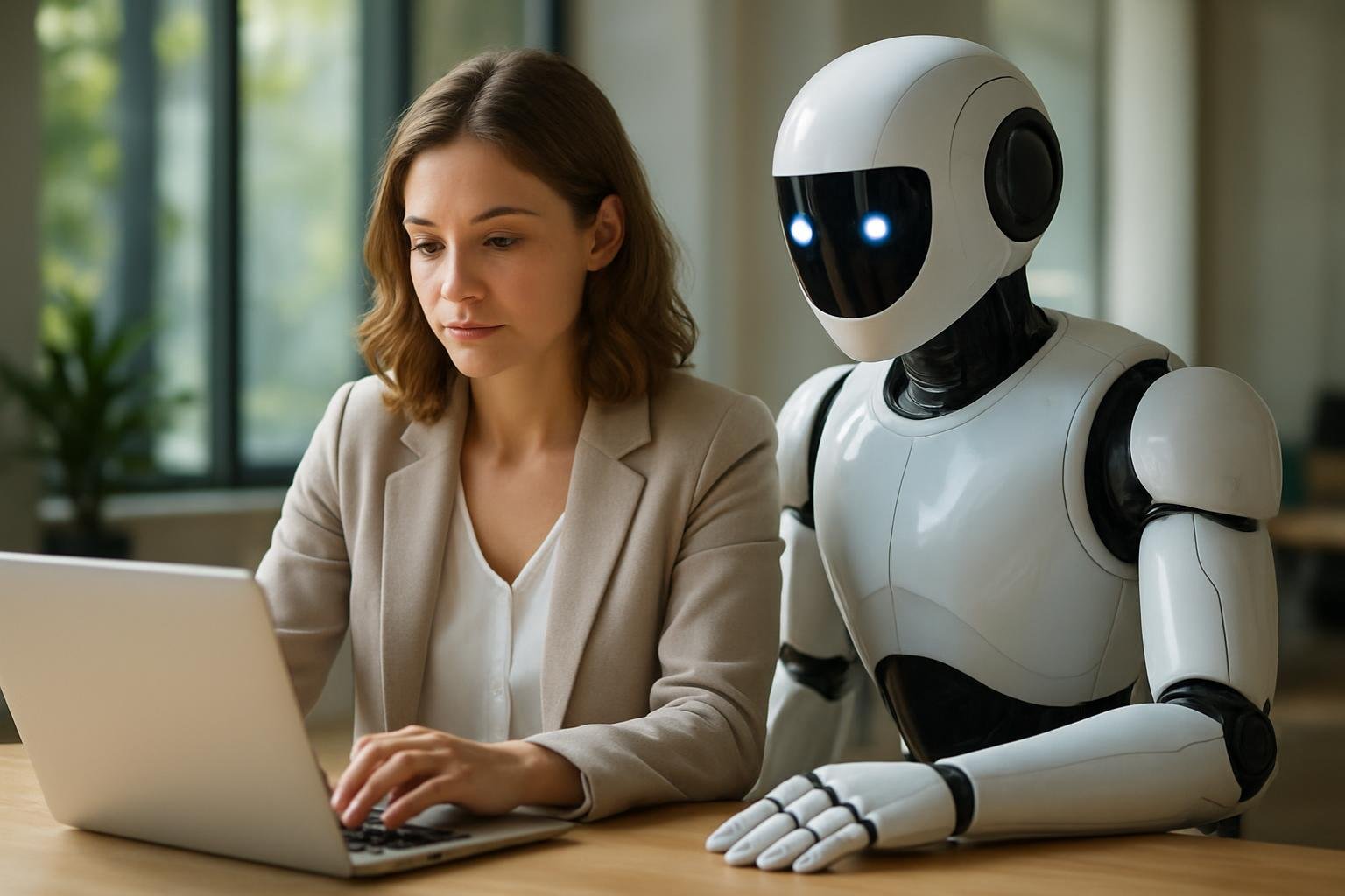 Egy nő dolgozik a laptopján, mellette egy autonóm AI robot segít.