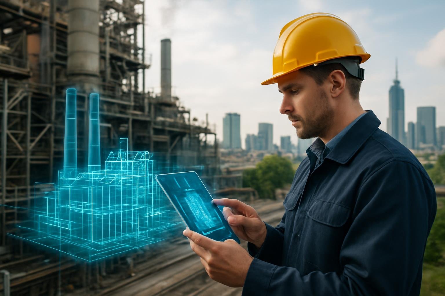 Mérnök digitális ikerpárral egy ipari környezetben, tableten