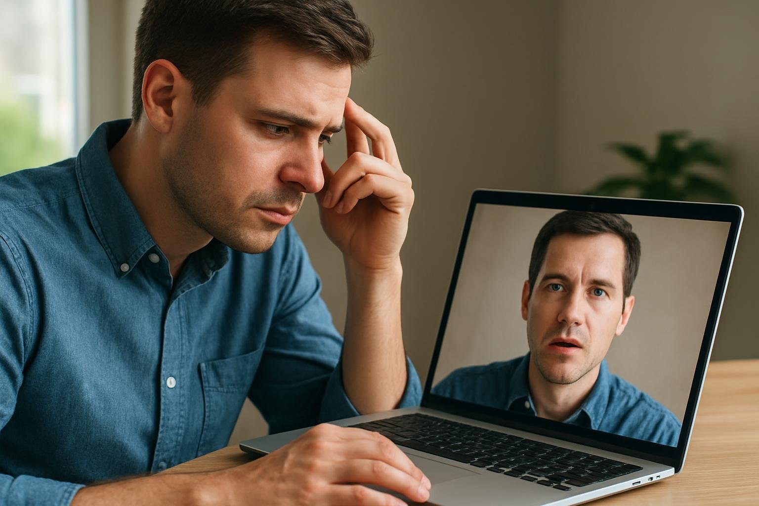 Férfi, aki aggódik a deepfake videó miatt laptopján.