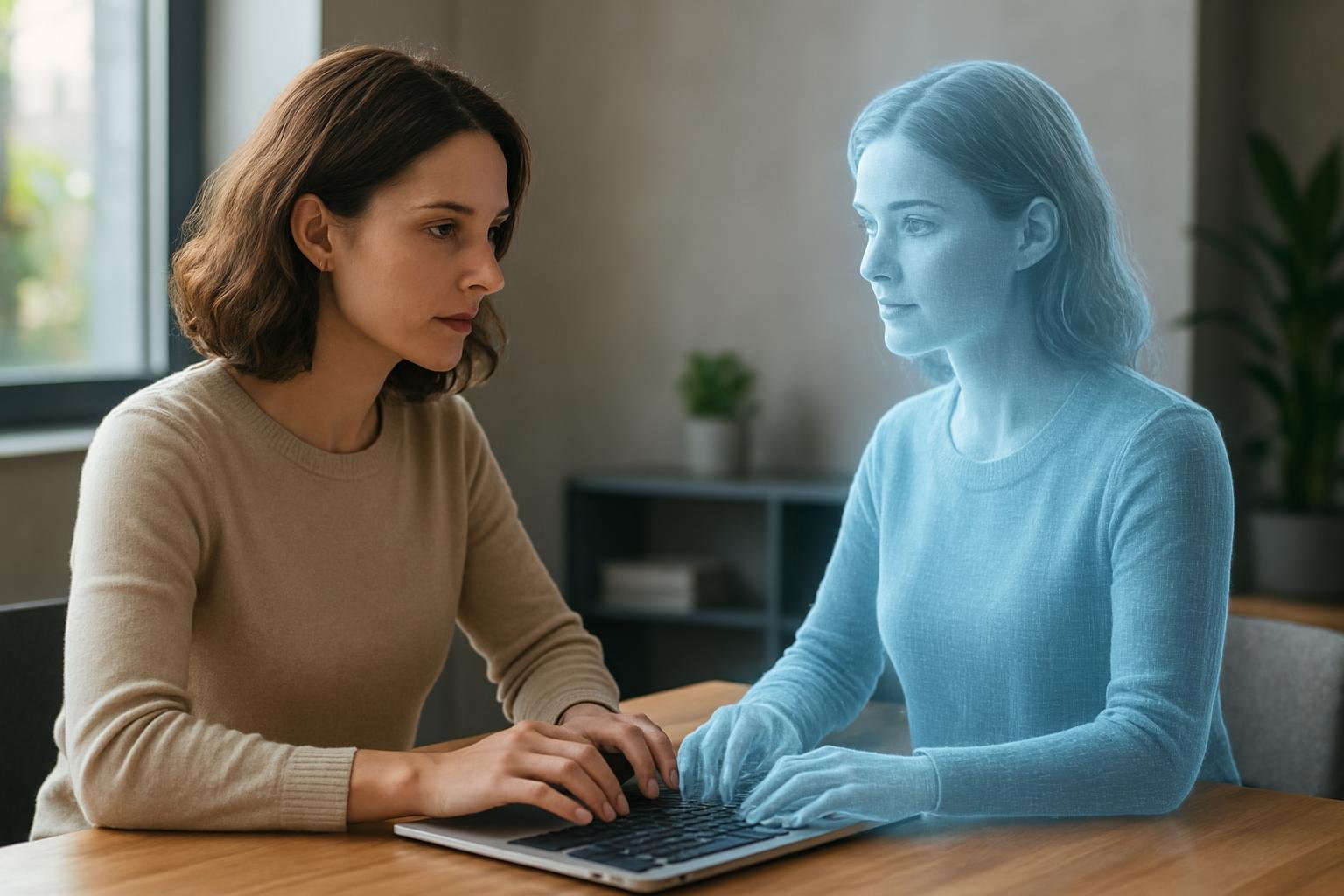 Egy nő dolgozik a laptopján, mellette egy digitális ikerpár.