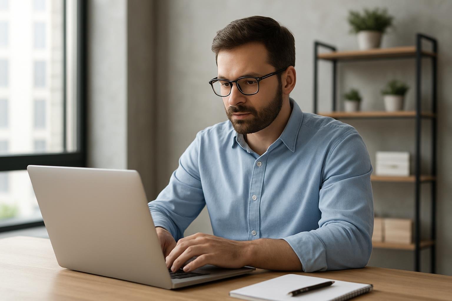 Férfi dolgozik laptopon, tükrözve az edge computing koncepcióját.