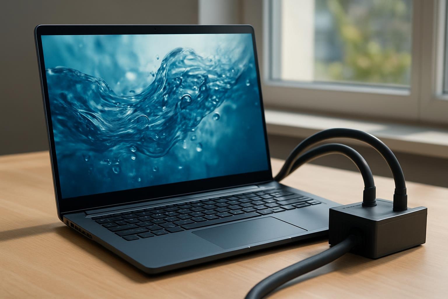 Folyadékhűtéses laptop vízmozgás grafika képernyőn